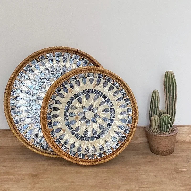 Korean Handmade Rattan Round Shell Tray Household Cake Bread Breakfast Basket Snacks Dried Fruit Plate Home Decoration Ornaments